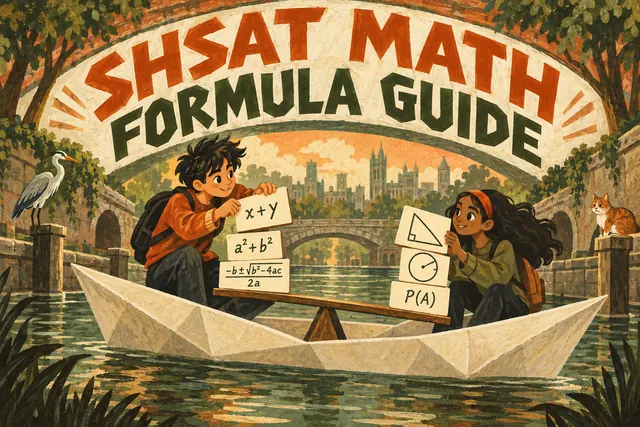 SHSAT MATH FORMULA GUIDE — original handwritten comic illustration.