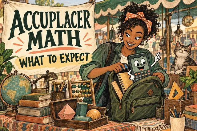 ACCUPLACER MATH WHAT TO EXPECT — original handwritten comic illustration.