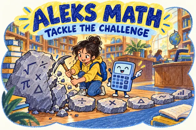 ALEKS MATH TACKLE THE CHALLENGE — original handwritten comic illustration.