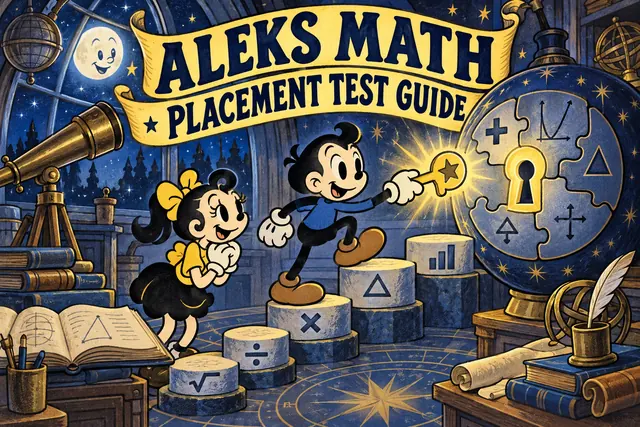 ALEKS MATH PLACEMENT TEST GUIDE — original handwritten comic illustration.