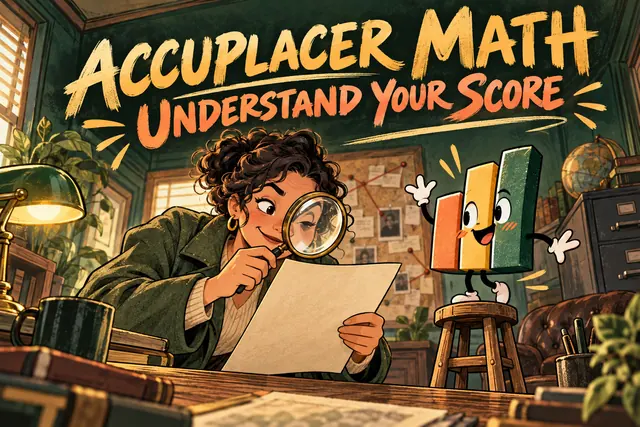 ACCUPLACER MATH UNDERSTAND YOUR SCORE — original handwritten comic illustration.