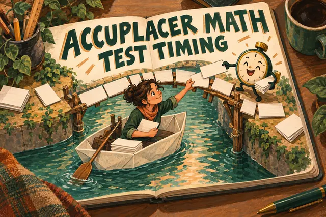 ACCUPLACER MATH TEST TIMING — original handwritten comic illustration.