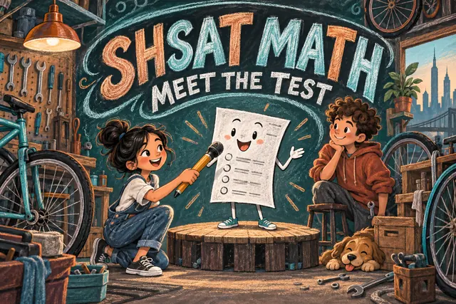 SHSAT MATH MEET THE TEST — original handwritten comic illustration.