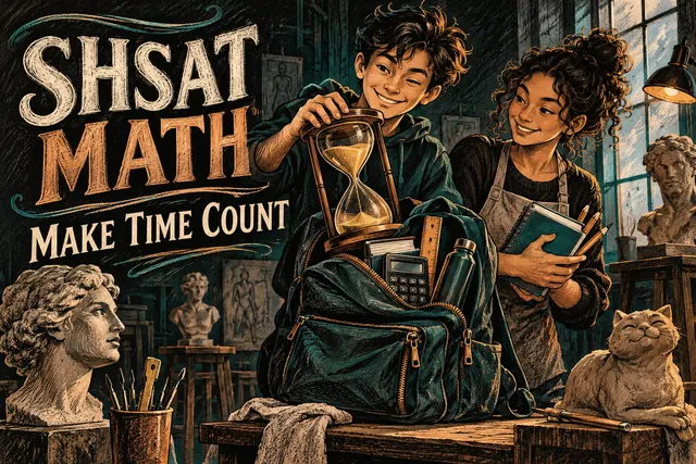 SHSAT MATH MAKE TIME COUNT — original handwritten comic illustration.