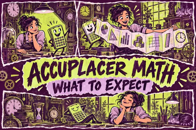ACCUPLACER MATH WHAT TO EXPECT — original handwritten comic illustration.