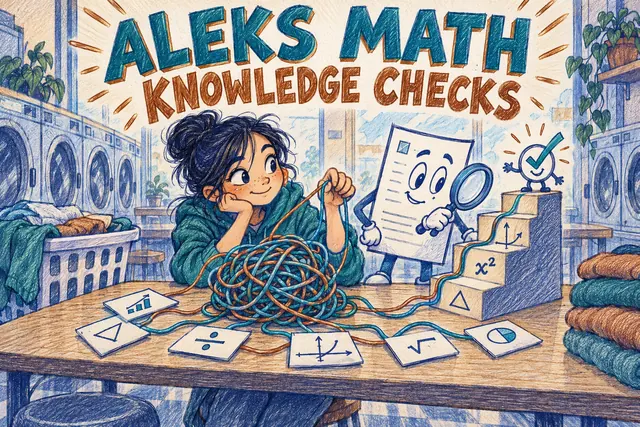 ALEKS MATH KNOWLEDGE CHECKS — original handwritten comic illustration.