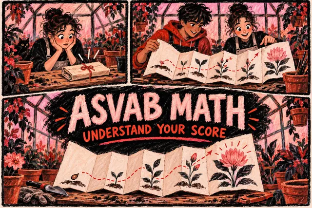 ASVAB MATH UNDERSTAND YOUR SCORE — original handwritten comic illustration.