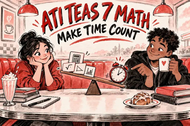 ATI TEAS 7 MATH MAKE TIME COUNT — original handwritten comic illustration.