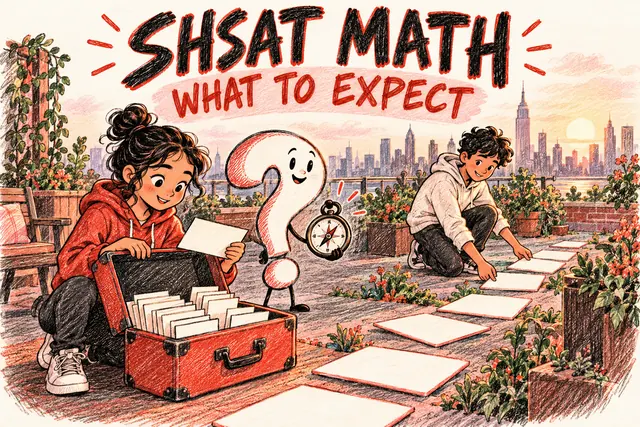 SHSAT MATH WHAT TO EXPECT — original handwritten comic illustration.