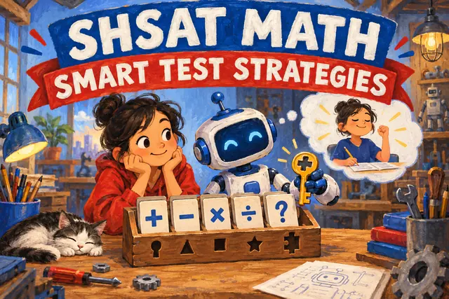 SHSAT MATH SMART TEST STRATEGIES — original handwritten comic illustration.