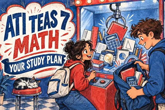 ATI TEAS 7 MATH YOUR STUDY PLAN — original handwritten comic illustration.