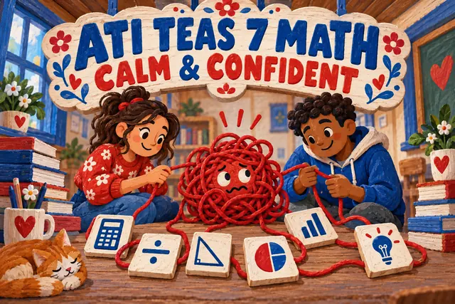 ATI TEAS 7 MATH CALM & CONFIDENT — original handwritten comic illustration.