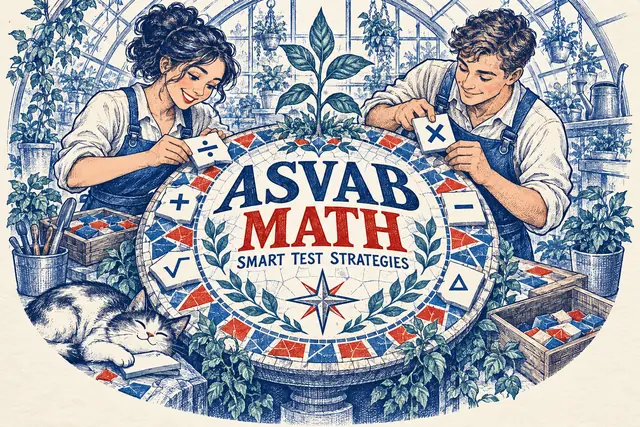 ASVAB MATH SMART TEST STRATEGIES — original handwritten comic illustration.