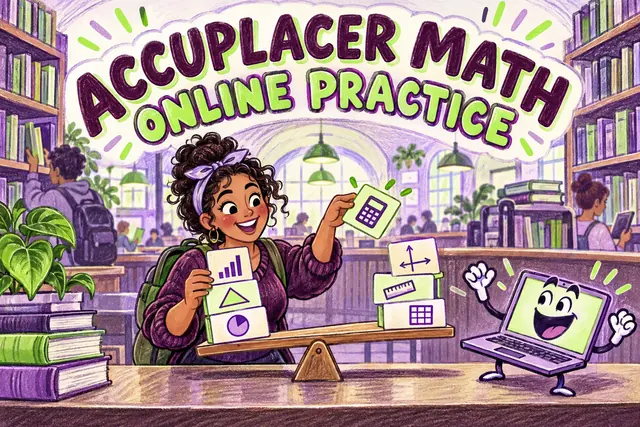 ACCUPLACER MATH ONLINE PRACTICE — original handwritten comic illustration.