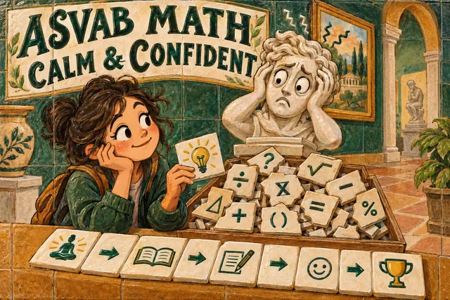 ASVAB MATH CALM & CONFIDENT — original handwritten comic illustration.