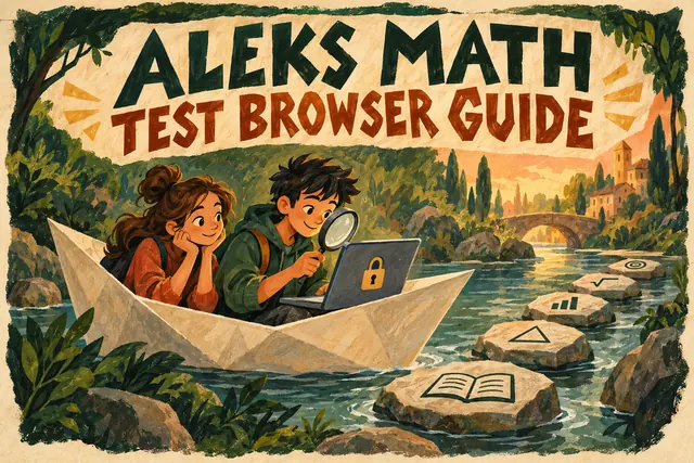 ALEKS MATH TEST BROWSER GUIDE — original handwritten comic illustration.