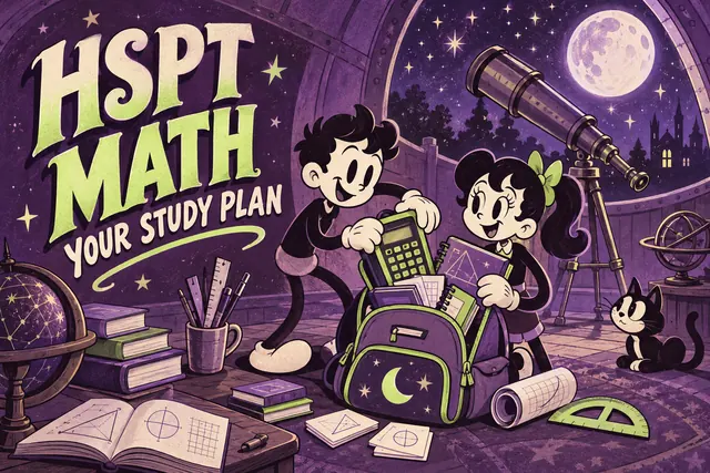 HSPT MATH YOUR STUDY PLAN — original handwritten comic illustration.