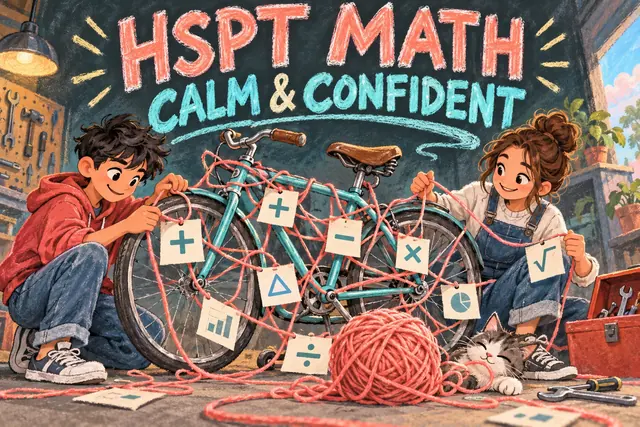 HSPT MATH CALM & CONFIDENT — original handwritten comic illustration.