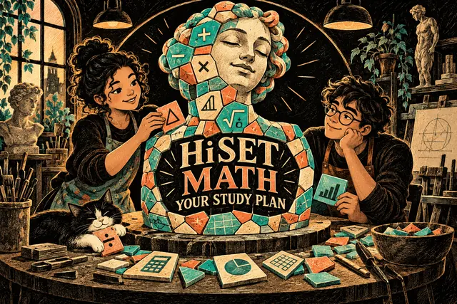 HiSET MATH YOUR STUDY PLAN — original handwritten comic illustration.