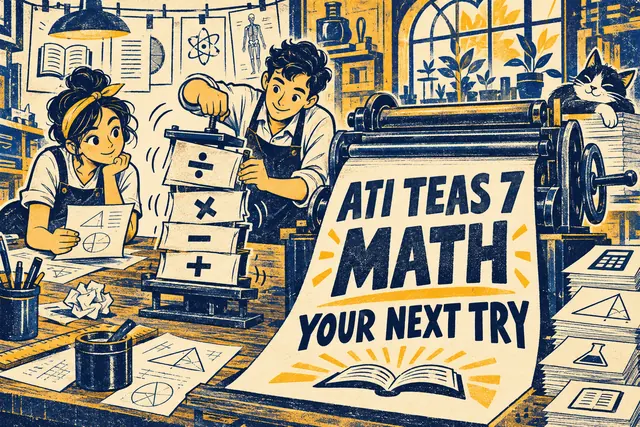 ATI TEAS 7 MATH YOUR NEXT TRY — original handwritten comic illustration.