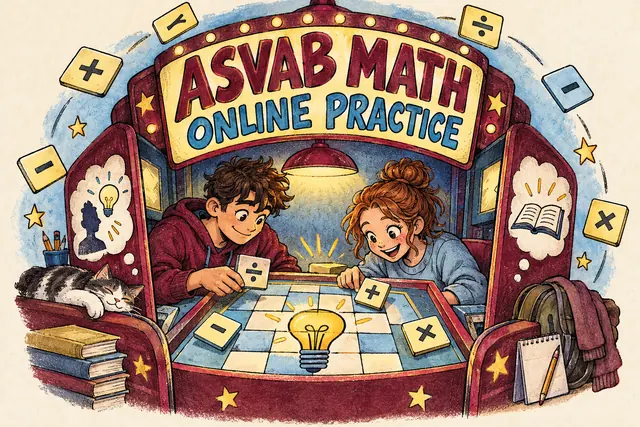 ASVAB MATH ONLINE PRACTICE — original handwritten comic illustration.