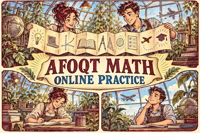 AFOQT MATH ONLINE PRACTICE — original handwritten comic illustration.