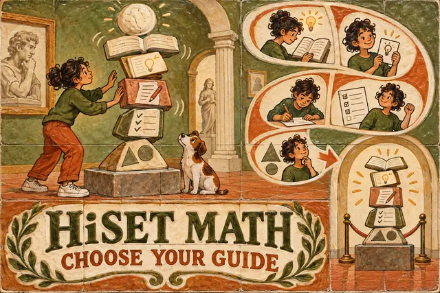 HiSET MATH CHOOSE YOUR GUIDE — original handwritten comic illustration.