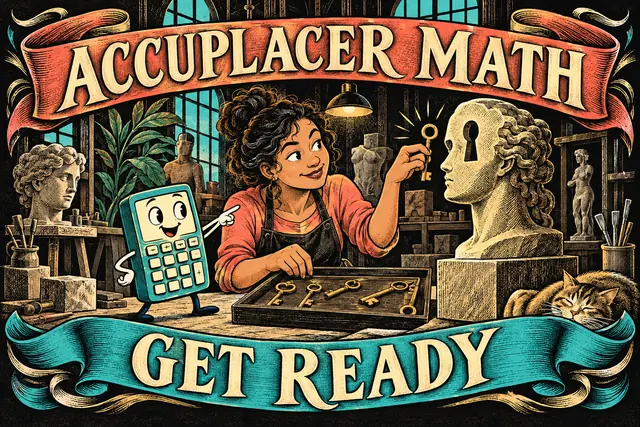 ACCUPLACER MATH GET READY — original handwritten comic illustration.