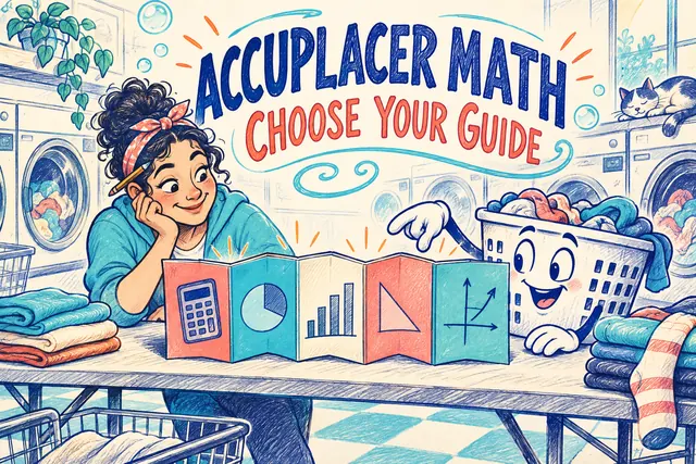ACCUPLACER MATH CHOOSE YOUR GUIDE — original handwritten comic illustration.