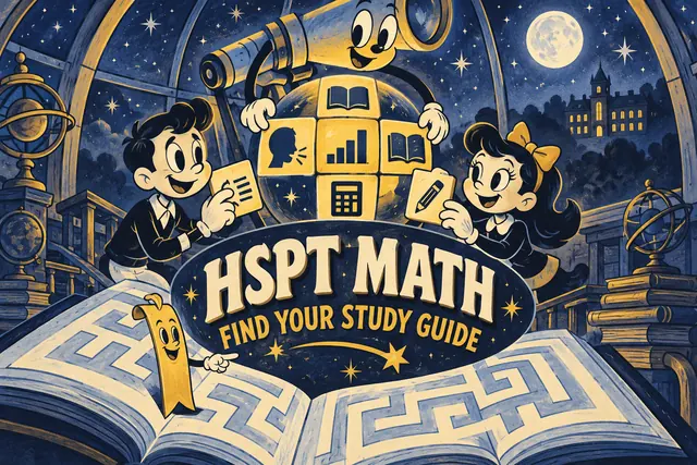 HSPT MATH FIND YOUR STUDY GUIDE — original handwritten comic illustration.