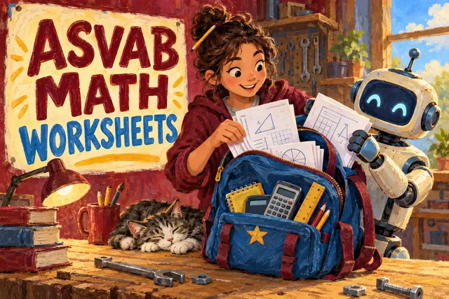 ASVAB MATH WORKSHEETS — original handwritten comic illustration.