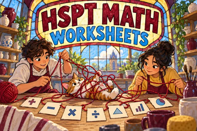 HSPT MATH WORKSHEETS — original handwritten comic illustration.