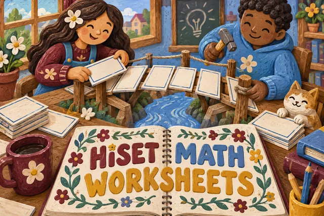 HiSET MATH WORKSHEETS — original handwritten comic illustration.