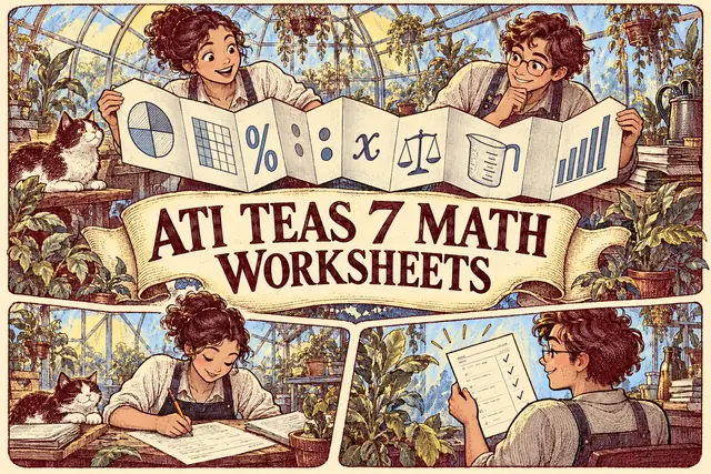 ATI TEAS 7 MATH WORKSHEETS — original handwritten comic illustration.