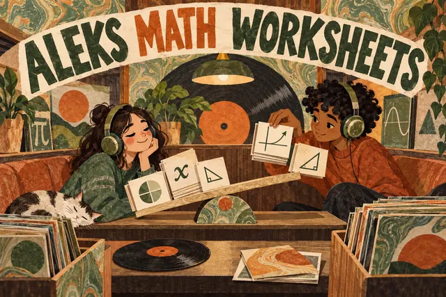 ALEKS MATH WORKSHEETS — original handwritten comic illustration.