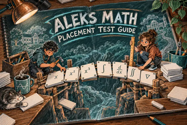 ALEKS MATH PLACEMENT TEST GUIDE — original handwritten comic illustration.