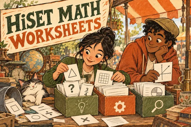 HiSET MATH WORKSHEETS — original handwritten comic illustration.