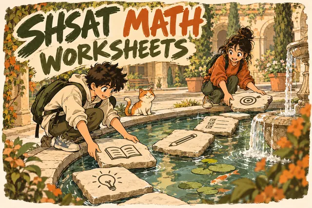 SHSAT MATH WORKSHEETS — original handwritten comic illustration.