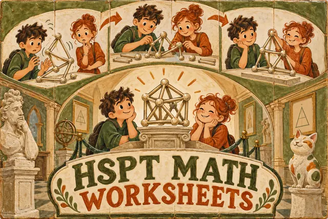 HSPT MATH WORKSHEETS — original handwritten comic illustration.