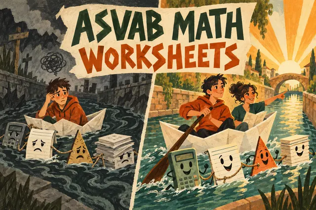 ASVAB MATH WORKSHEETS — original handwritten comic illustration.