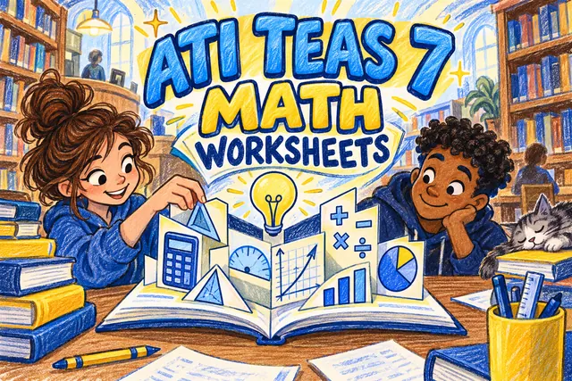 ATI TEAS 7 MATH WORKSHEETS — original handwritten comic illustration.