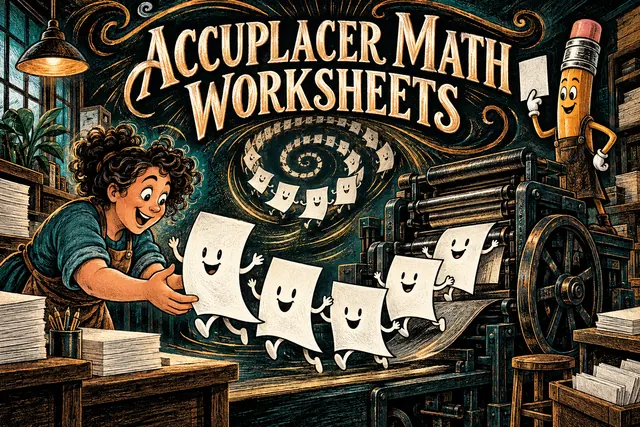 ACCUPLACER MATH WORKSHEETS — original handwritten comic illustration.