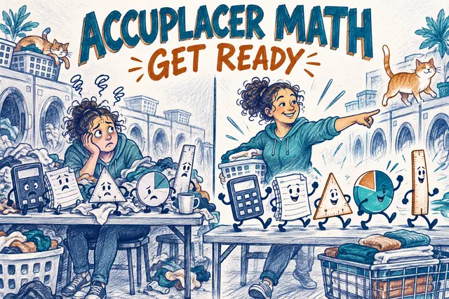 ACCUPLACER MATH GET READY — original handwritten comic illustration.