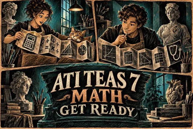 ATI TEAS 7 MATH GET READY — original handwritten comic illustration.