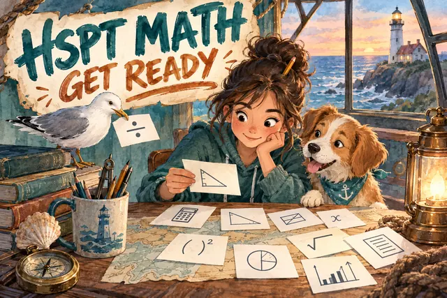 HSPT MATH GET READY — original handwritten comic illustration.