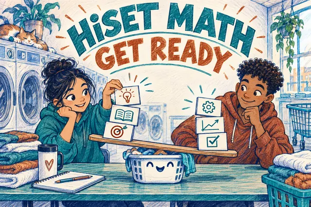 HiSET MATH GET READY — original handwritten comic illustration.