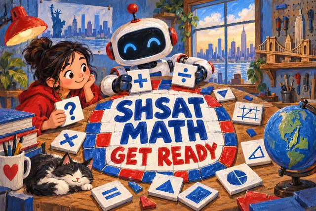 SHSAT MATH GET READY — original handwritten comic illustration.