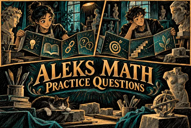 ALEKS MATH PRACTICE QUESTIONS — original handwritten comic illustration.