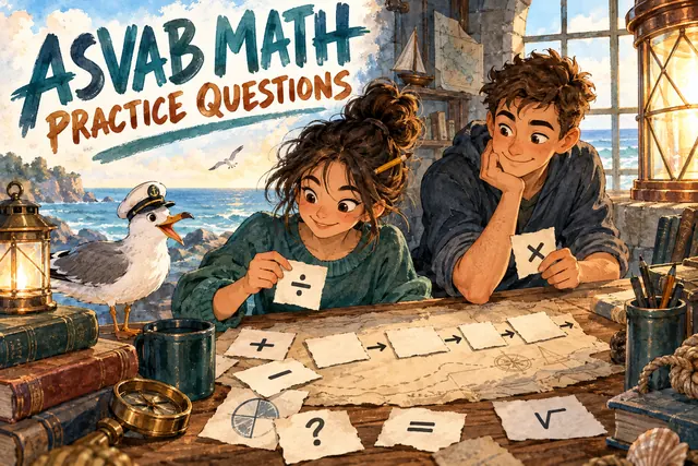 ASVAB MATH PRACTICE QUESTIONS — original handwritten comic illustration.