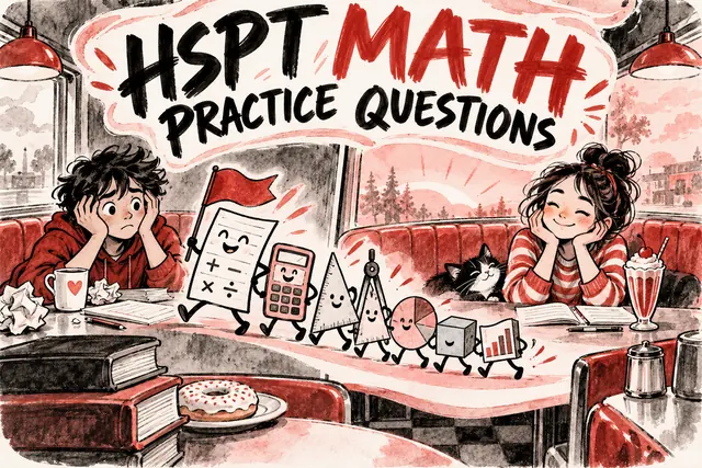 HSPT MATH PRACTICE QUESTIONS — original handwritten comic illustration.